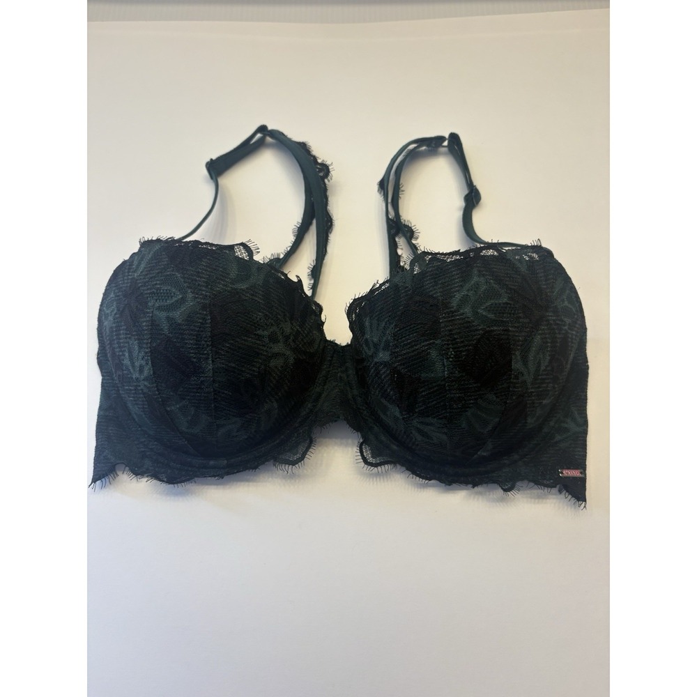 Victoria's Secret PINK Date Pushup Bra Size 34DD‎ Green Plaid Floral Lace - Picture 5 of 10
